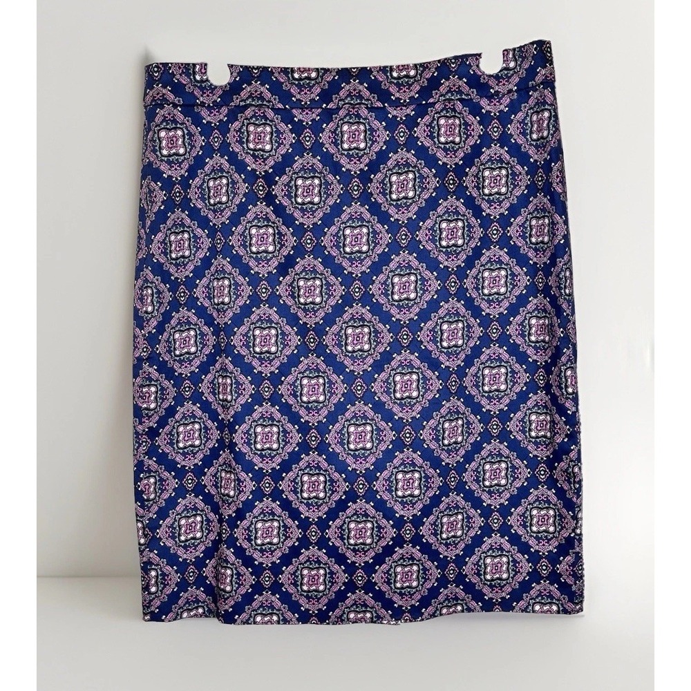 J CREW Pencil Skirt Womens Sz 6 Medallion Navy Blue Pink Preppy Office Classic